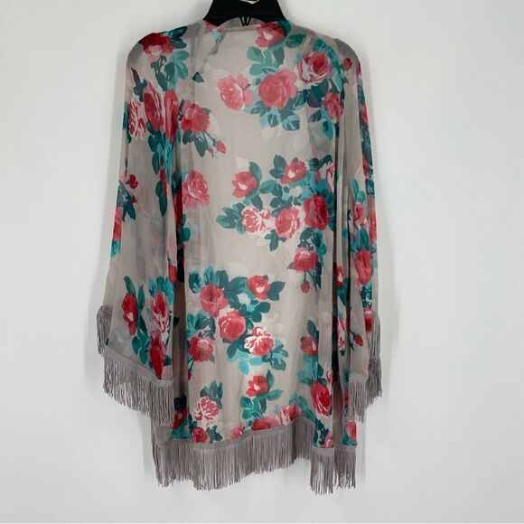 Jessica Simpson Women’s Open Front Fringe Sheer Floral Kimono Swim Cover size S - Picture 3 of 3